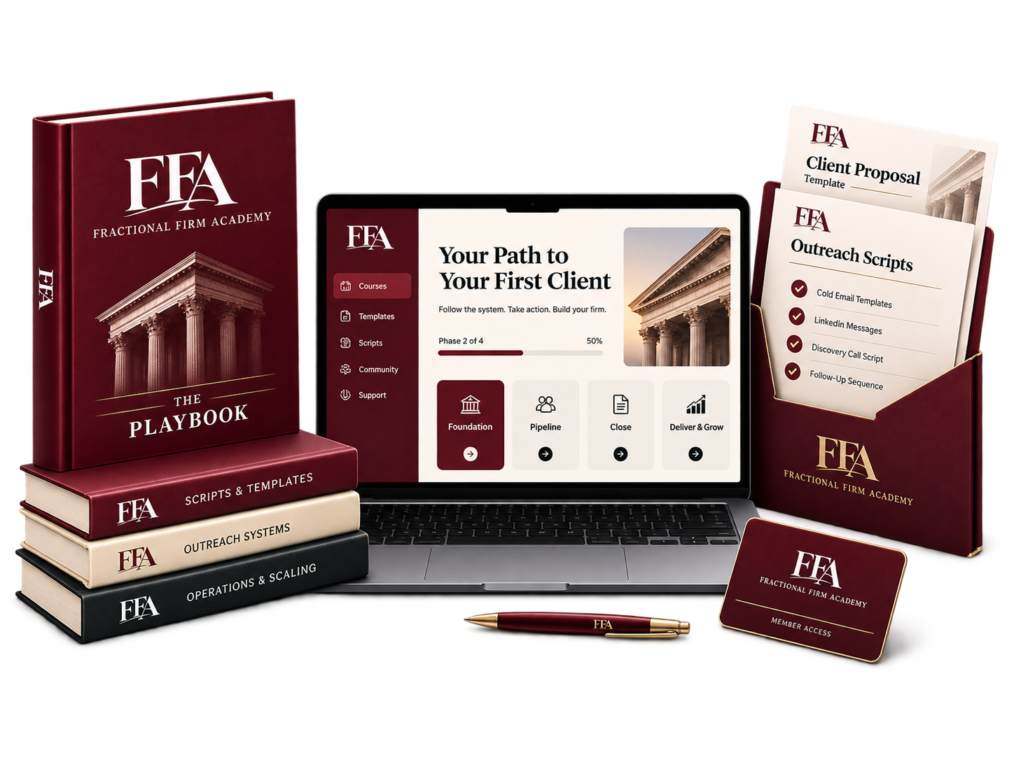 The FFA Playbook, course portal, outreach scripts, proposal templates, and member access — everything included
