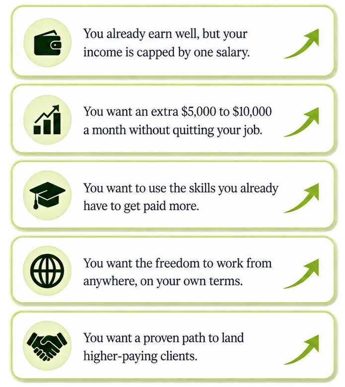 You belong here if: your income is capped by one salary; you want an extra $5,000 to $10,000 a month without quitting your job; you want to use the skills you already have; you want freedom to work from anywhere; you want a proven path to higher-paying clients.